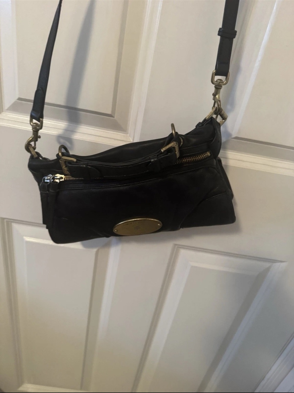 Mulberry Black Leather Crossbody with Gold Plaque